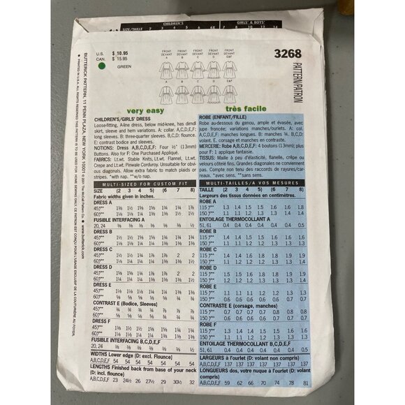 Butterick 3268 Sewing Pattern Sizes 6-7-8 Childrens Girls Easy ALine Dresses NEW - Picture 3 of 6